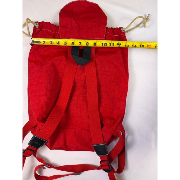 Vintage Kipling Red Drawstring Backpack Rucksack Front Zip Pockets - Picture 7 of 8